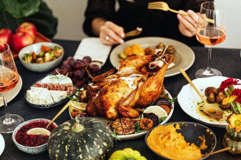 Family enjoying a sustainable Thanksgiving meal with bamboo