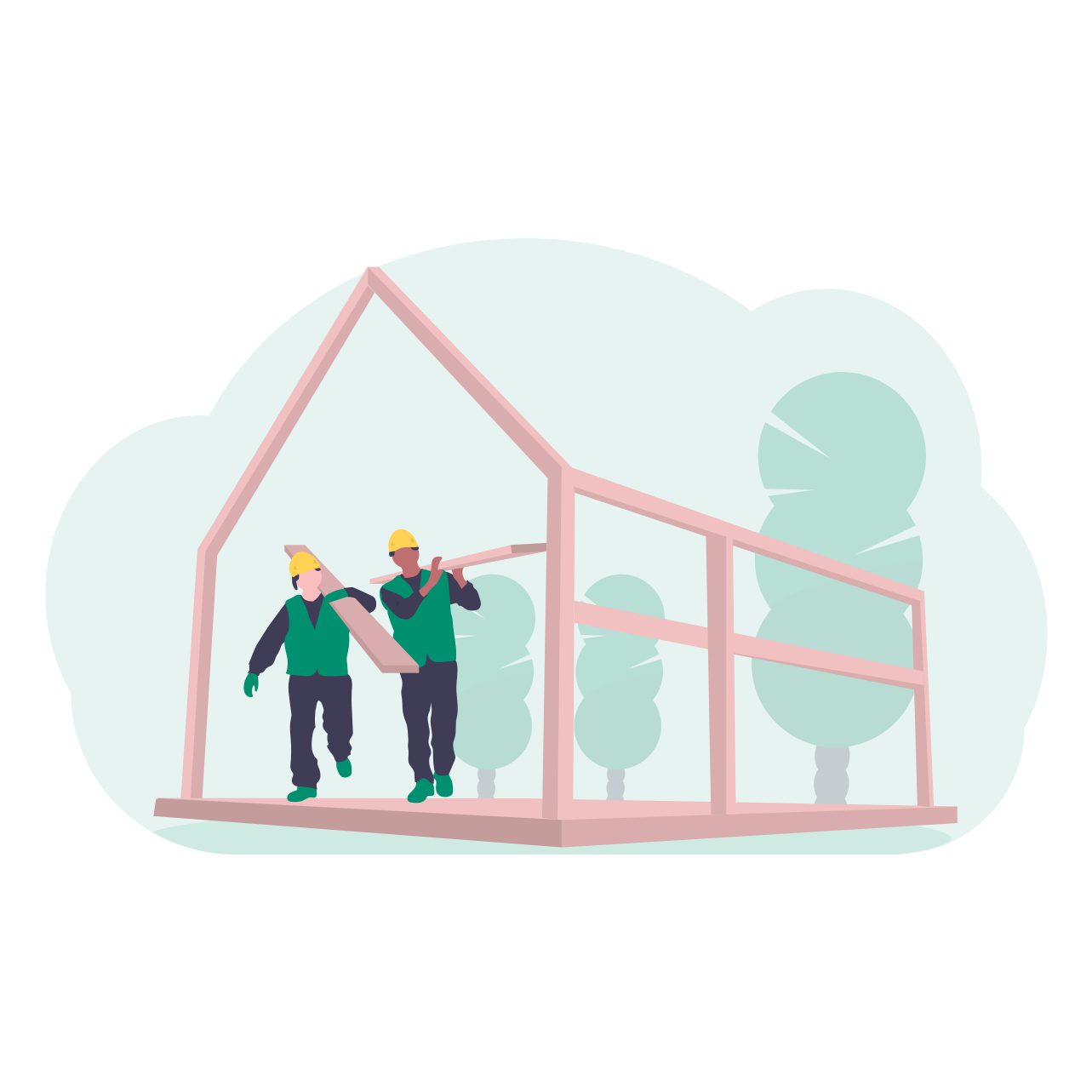 Illustration of two people carrying lumber for a house